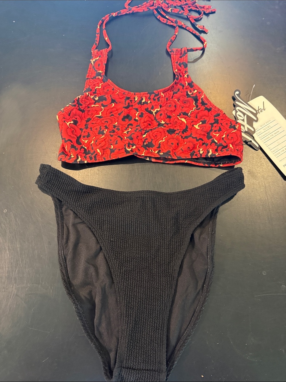 Motel Rocks Red Floral Print Bikini Top with Black Ribbed bottoms NWT